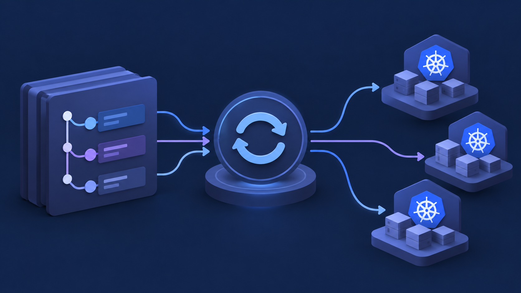Ilustración editorial de GitOps: Git entrega el estado deseado a un controlador que lo reconcilia con clústeres Kubernetes.