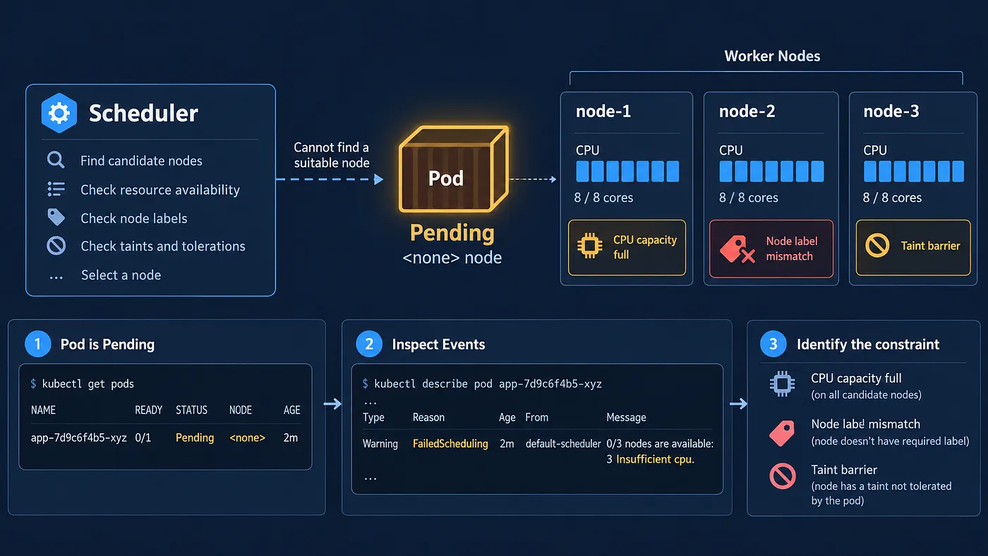 Ilustración original del artículo sobre Pods Pending y restricciones de scheduling en Kubernetes.