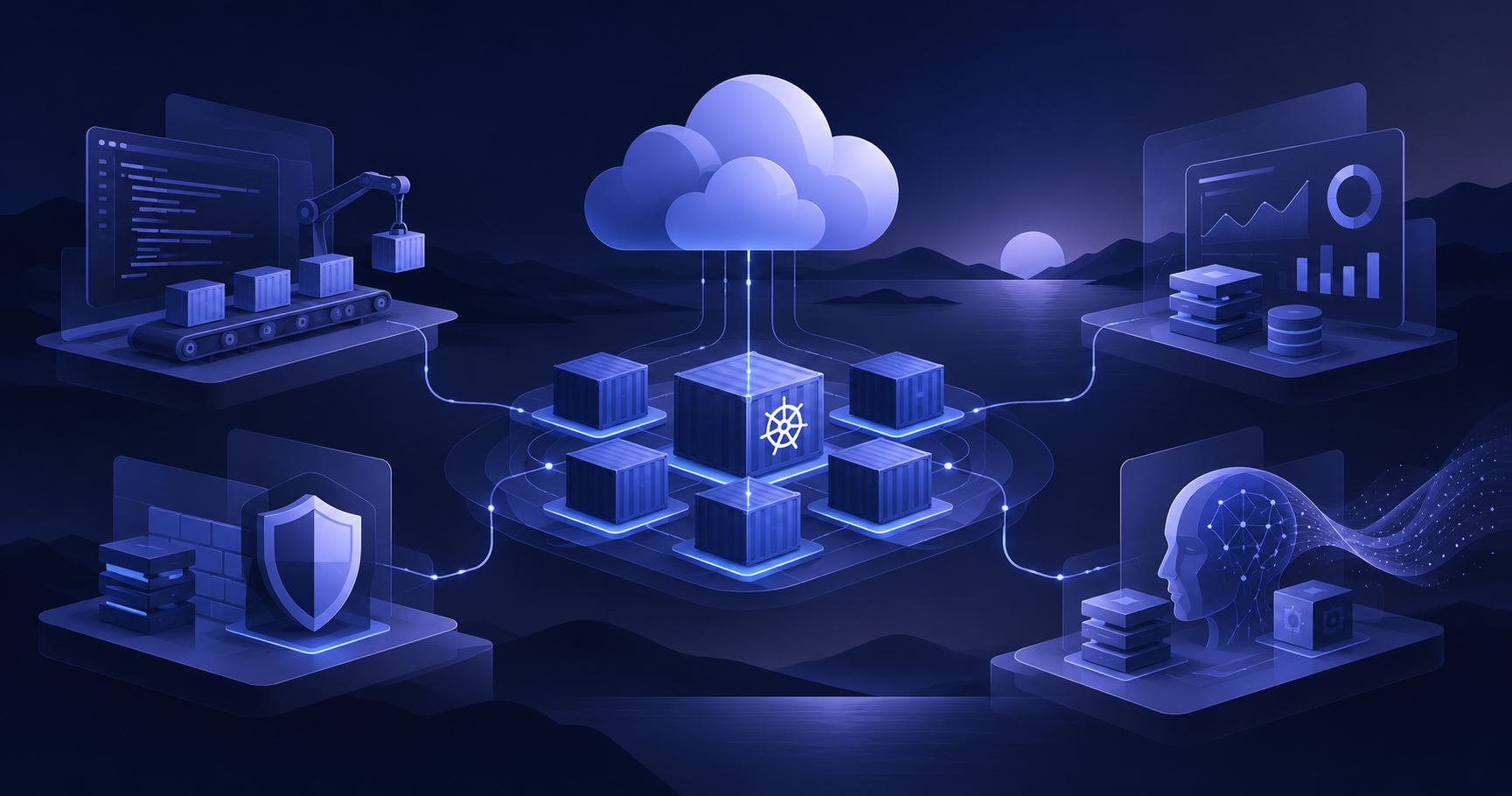 Ilustración de un ecosistema tecnológico conectado: nube, Kubernetes, entrega de software, observabilidad, seguridad e inteligencia artificial.