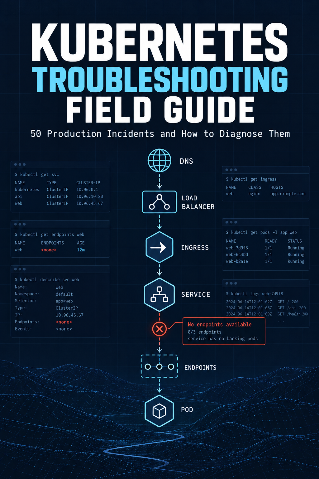 Cubierta del Kubernetes Troubleshooting Field Guide, con un diagrama de diagnóstico de Services y Pods.